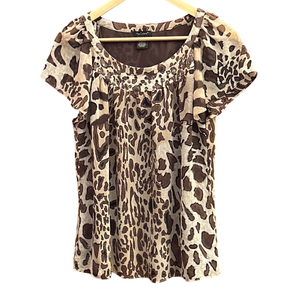 Nue Options Leopard Animal Print Blouse M Brown Tan Scoop Neck Y2K Grommet